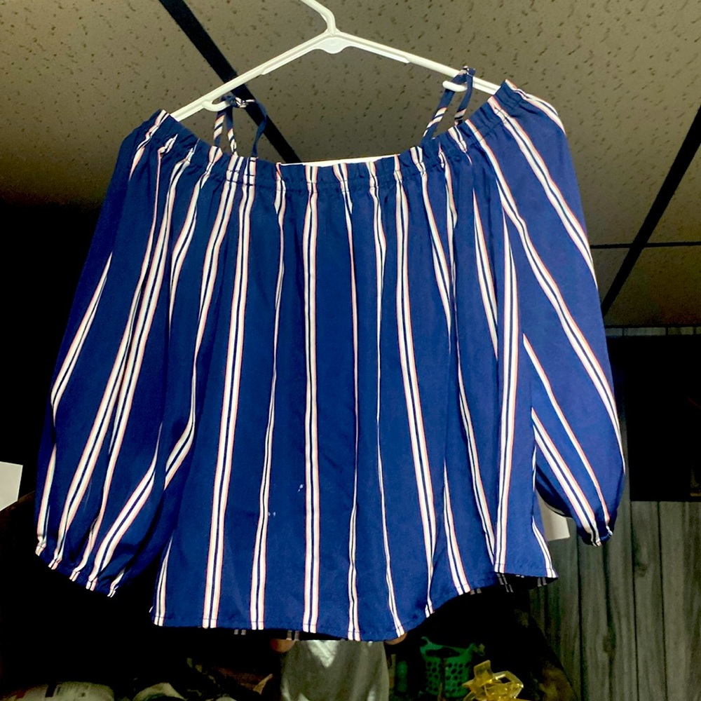 Forever 21 Contemporary, size medium. Blue with pink/white stripes. Off shoulder